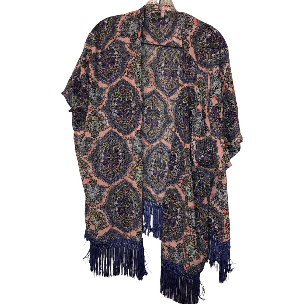 Victoria's Secret periwinkle paisley fringe trim Kimono top S